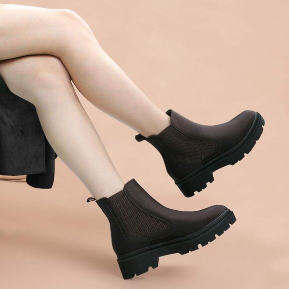 Jabasic Women Brown Synthetic Chelsea Boots Low Heel Elastic Ankle Boots - Picture 3 of 7